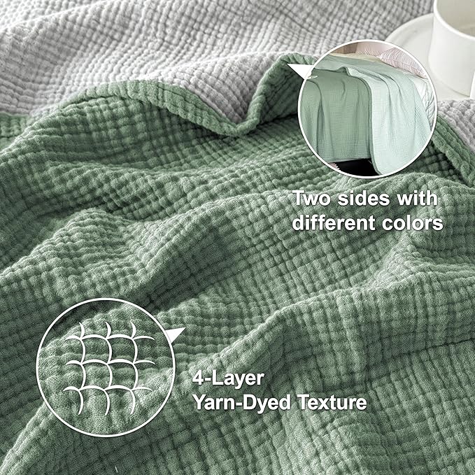 Simple&Opulence 100% Cotton Muslin Blanket, Lightweight Breathable 4 Layering Soft Cotton Throw Blanket,Gauze Blanket for Bed Couch Camping All-Season Use (Sage Green, 50"x60")
