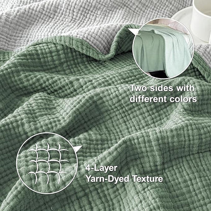Simple&Opulence 100% Cotton Muslin Blanket, Lightweight Breathable 4 Layering Soft Cotton Throw Blanket,Gauze Blanket for Bed Couch Camping All-Season Use (Sage Green, 50"x60")