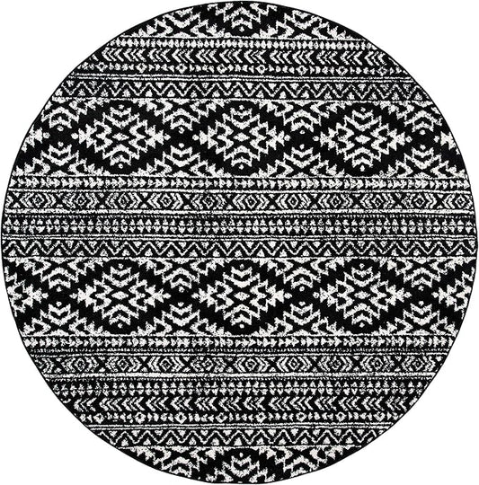 SAFAVIEH Tulum Collection Area Rug - 12' Round, Black & Ivory, Moroccan Boho Tribal Design, Non-Shedding & Easy to Clean, Ideal for Living Room, Bedroom, Dining Space (TUL272Z)