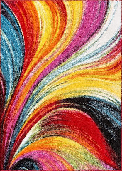 Well Woven Aurora Multi Red Yellow Orange SwirlLines ModernGeometric Abstract Brush Stroke Area Rug(7'10inx9'10in)Easy Clean Stain Fade Resistant Shed Free Contemporary Painting ArtStripe Thick Soft