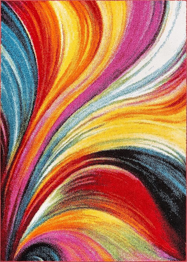 Well Woven Aurora Multi Red Yellow Orange Swirl Lines Modern Geometric Abstract Brush Stroke Area Rug(5'3inx7'3in)Easy Clean Stain Resistant Shed Free Contemporary Painting ArtStripe Thick Soft Plush
