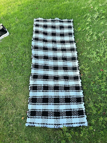 Handmade Mexican Chindi Rug-Colorful Washable Boho Rag Rug 5x2 ft Woven Runner for Kitchen, Bedroom, or Bath, Hippie Area Mat with Tassels, Mexican Style Floor Carpet-Rustic (Checkered Light)