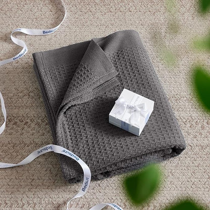 Bedsure Gentlesoft 100% Cotton Large Throw Blanket for Couch 50x70 inches - Breathable and Soft, Waffle Weave Throw Blanket for Office, Dark Grey