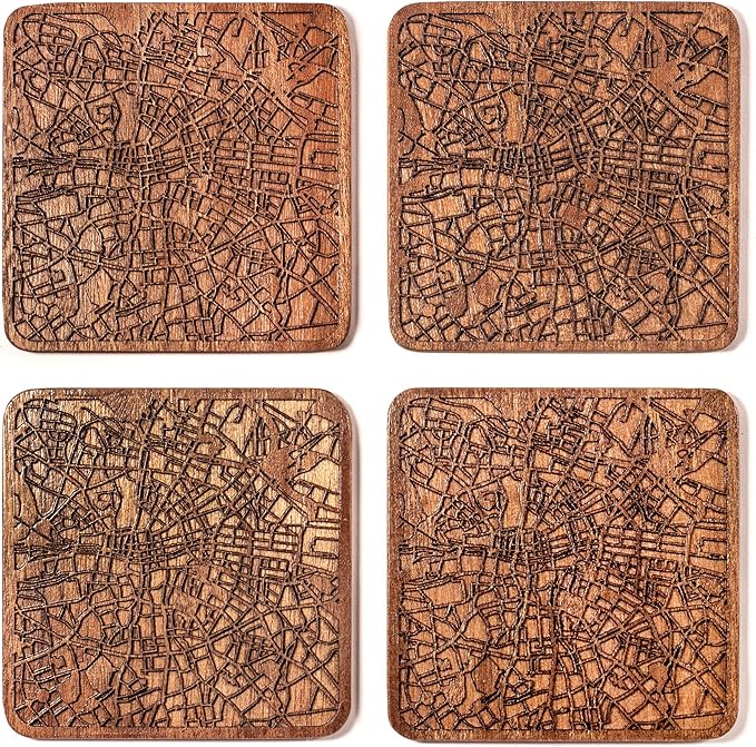 Dublin Map Coaster by O3 Design Studio, Set Of 4, Sapele Wooden Coaster With City Map, Handmade