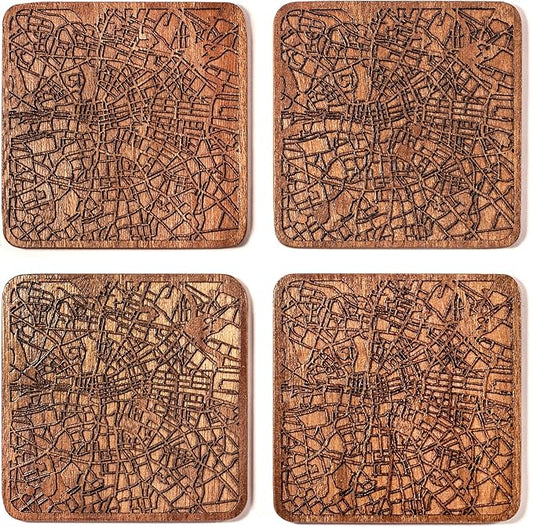 Dublin Map Coaster by O3 Design Studio, Set Of 4, Sapele Wooden Coaster With City Map, Handmade