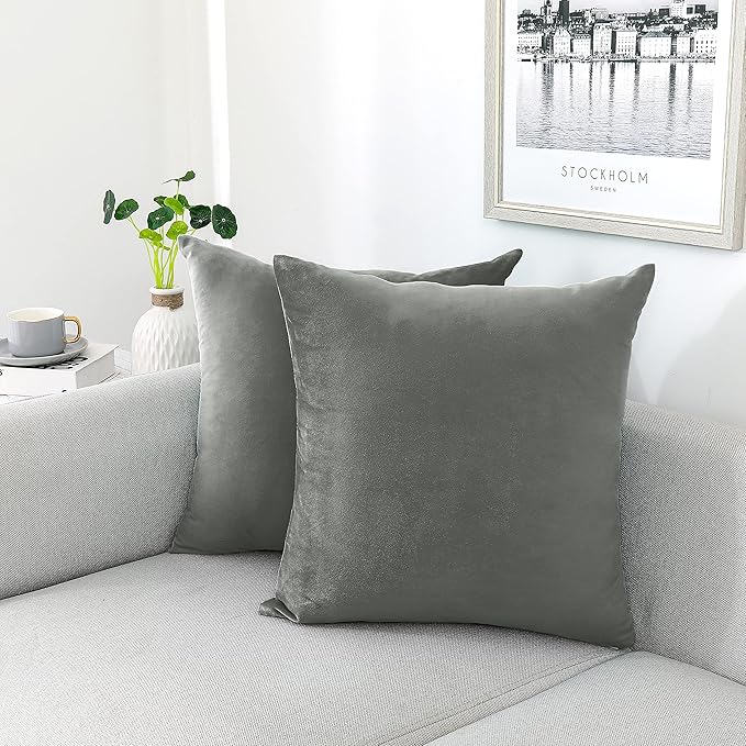 NiNi ALL Decorative Throw Pillow Covers Velvet Soft for Couch Sofa Bedroom Living Room Outdoor Pack of 2 18x18 Inch Grey