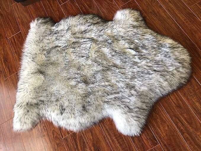 Free Shape Luxury Soft Fluffy Shag Area Rug Single 2’x3’, 60x90cm - Vegan Fur Ultra Soft Indoor Carpet Nursery Rugs for Bedroom Home Decor, White with Black Tips