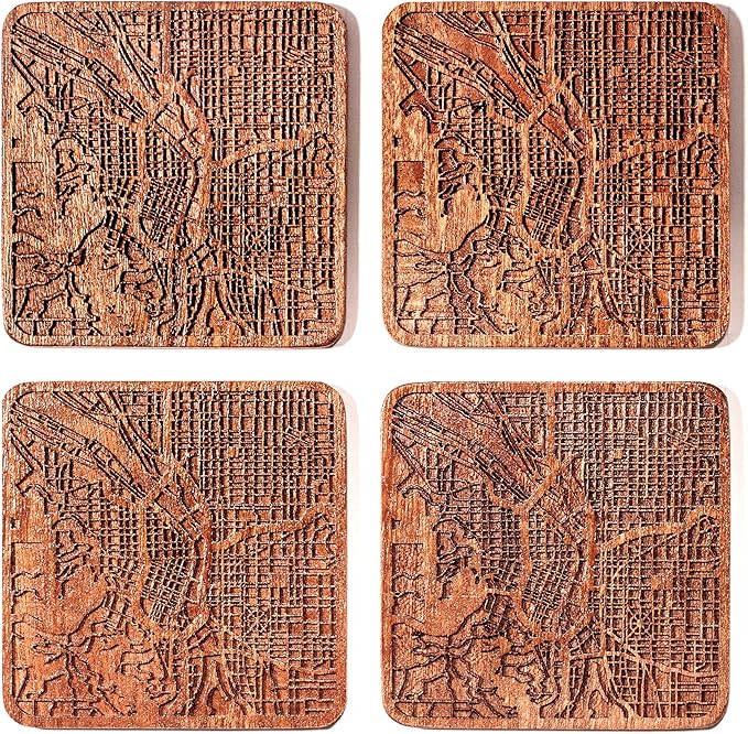 Portland Map Coaster by O3 Design Studio, Set Of 4, Sapele Wooden Coaster With City Map, Handmade