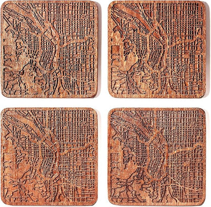 Portland Map Coaster by O3 Design Studio, Set Of 4, Sapele Wooden Coaster With City Map, Handmade