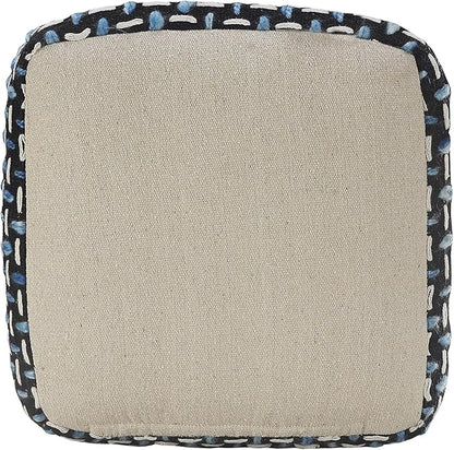 L. R. Resources, Inc. LR Home Hand-Woven Black/White/Blue Geometric Cotton Square Ottoman Pouf for Home Decor | Indoor Foot Rest for Bedroom & Living Room | 16 x 16 x 16 Stuffed Ottoman for Seating