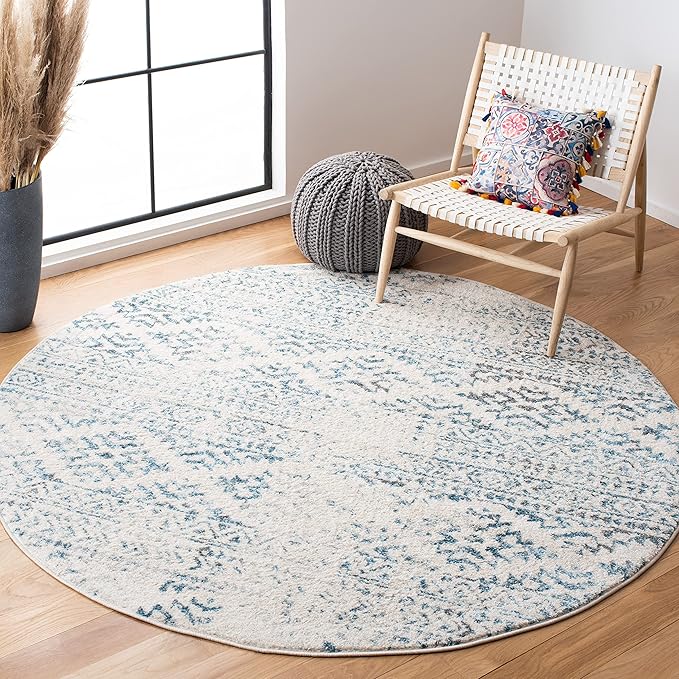 SAFAVIEH Tulum Collection Area Rug - 5' Round, Ivory & Turquoise, Moroccan Boho Tribal Design, Non-Shedding & Easy to Clean, Ideal for Living Room, Bedroom, Dining Space (TUL272E)