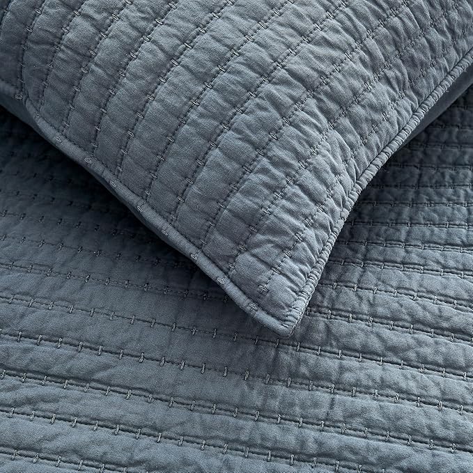WDCOZY 100% Cotton Queen Size Quilt Set - Blue Striped Pick Stitch Soft Lightweight Bedspread, Textured Like Linen, Farmhouse Country Rustic Coverlet, Shabby Chic Gauze Bedding, 3 Pieces