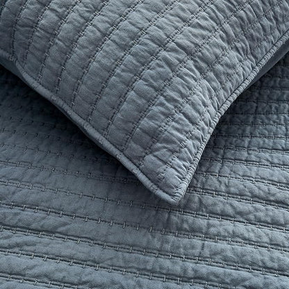 WDCOZY 100% Cotton Twin Size Quilt Set - Blue Striped Pick Stitch Soft Lightweight Bedspread, Textured Like Linen, Farmhouse Country Rustic Coverlet, Shabby Chic Gauze Bedding, 2 Pieces