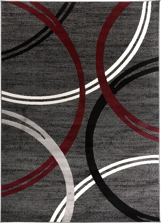 Rugshop Modern Wavy Circles Design Non-Shedding Area Rug, Carpet for Living Room, Dining Room, or Bedroom, Red, 5'3" x 7'3"