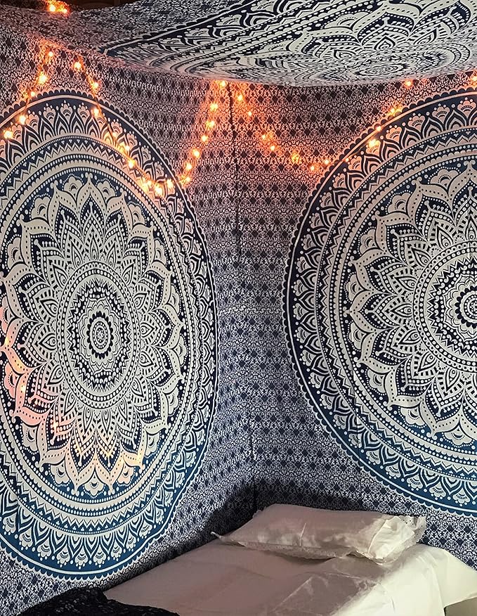 raajsee Large Blue Ombre Mandala Tapestry Wall Hanging,Indian Cotton Beach Throw Blanket Hippie Bohemian Elephant Queen Boho Décor,Meditation Yoga Mat Rugs,82x92 inches