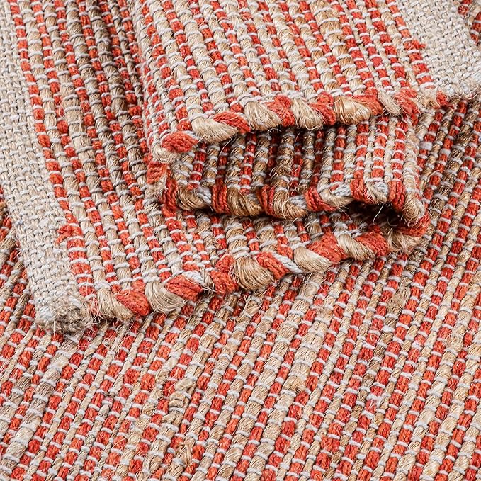 Jute Placemats Set of 4 - Boho Woven Placemats for Dining Tables, Rustic Farmhouse Style, Cotton and Jute, Neutral Colorful Table Mat, 13x19 Inch, Indoor Kitchen Decor - Natural - Orange