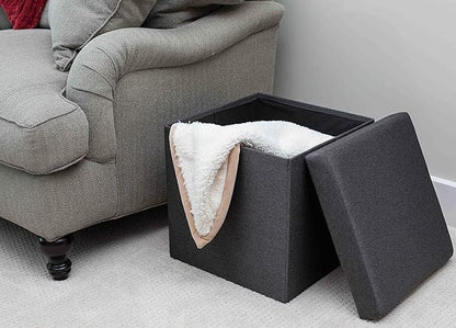 BIRDROCK HOME Folding Storage Ottoman | Upholstered | 16 x 16 | Linen | Strong and Sturdy | Quick and Easy Assembly | Foot Stool | Black