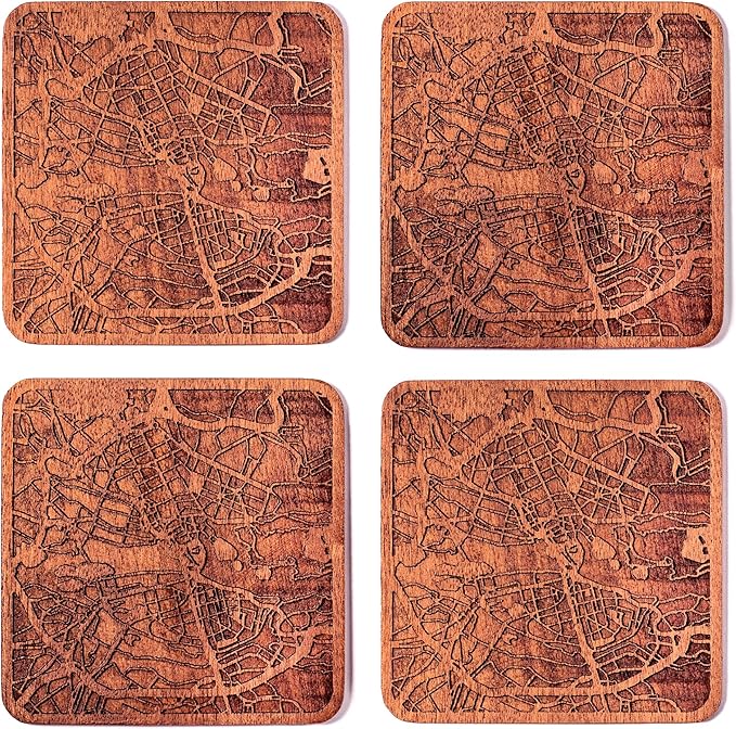 Stockholm Map Coaster by O3 Design Studio, Set Of 4, Sapele Wooden Coaster With City Map, Handmade