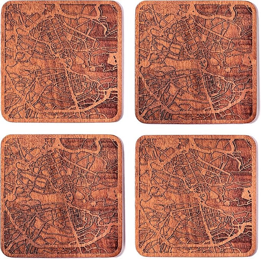 Stockholm Map Coaster by O3 Design Studio, Set Of 4, Sapele Wooden Coaster With City Map, Handmade