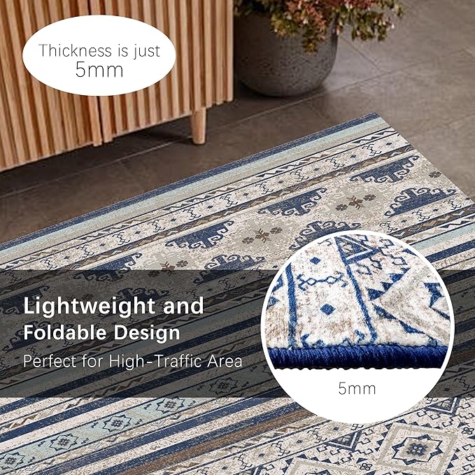 RUGSURE Washable Area Rugs 2'6'' x 8' - 1/6 Thick - Moroccan-Inspired -Stain & Water Resistant Non-Slip - Resistant Rug for Living Room, Bedroom, Nursery, Pet & Child Friendly (Blue and Brown)