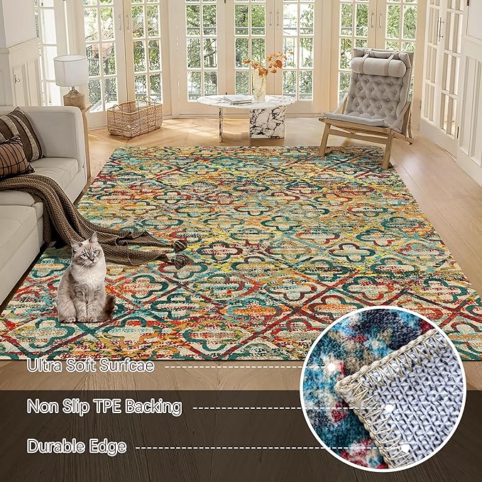 RUGSURE Washable Area Rugs, 5' x 7' - 1/6 Thick - Stain & Water Resistant Non-Slip - Perfect Resistant Rug for Living Room, Bedroom, Nursery, Pet & Child Friendly, Vibrant Colors Rugs, Multicolor