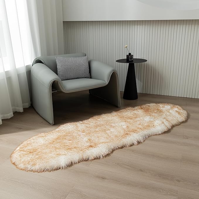 Faux Fur Rug Runner 2x6 ft White Yellow - Machine Washable Super Soft Plush Shaggy Fluffy Area Carpet,Sheepskin Rug Fuzzy Floor Mat for Bedroom, Sofa,Living Room, Bedside, Nursery & Kids Room