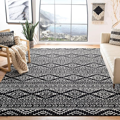 SAFAVIEH Tulum Collection Area Rug - 6'7" Square, Black & Ivory, Moroccan Boho Tribal Design, Non-Shedding & Easy to Clean, Ideal for Living Room, Bedroom, Dining Space (TUL272Z)