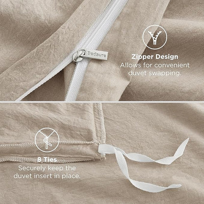 Bedsure 100% Washed Cotton Duvet Cover Queen Size - Oatmeal Minimalist Cotton Duvet Cover Linen Like for All Seasons - GentleSoft™ Plain Simple Bedding (Oatmeal, Queen, 90"x90")