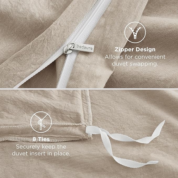 Bedsure 100% Washed Cotton Duvet Cover Oversized Queen - Oatmeal Minimalist Cotton Duvet Cover Linen Like for All Seasons - GentleSoft™ Plain Simple Bedding,Oatmeal, Oversized Queen, 98"x98"