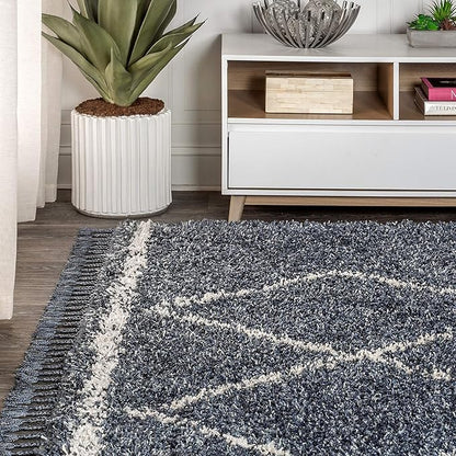 JONATHAN Y Mercer Shag Plush Tassel Denim Blue/Cream Indoor Area Rug, 3x5, Moroccan Geometric Trellis, Bohemian, Easy-Cleaning for Living Room, Bedroom, Kitchen, Non-Shedding (MCR103A-3)