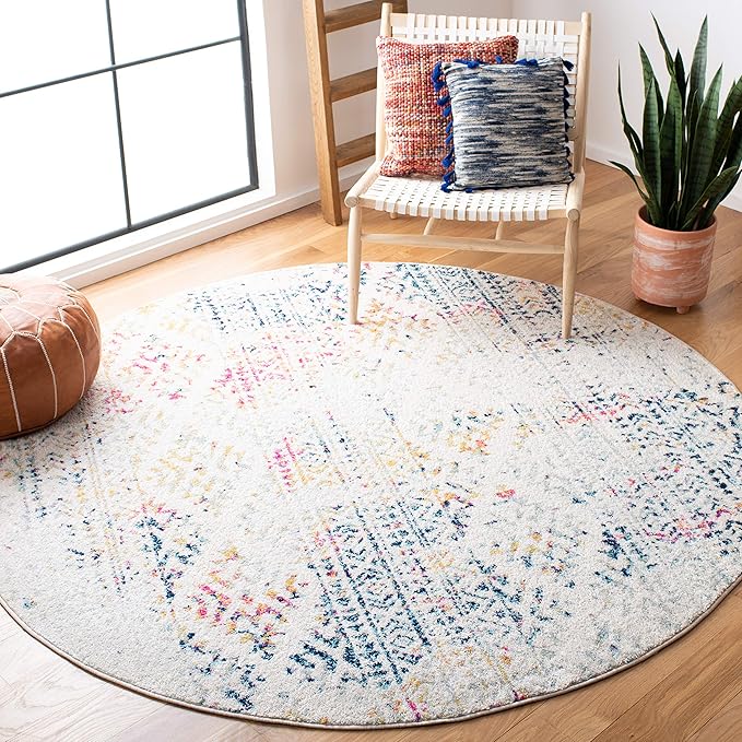 SAFAVIEH Tulum Collection Area Rug - 3' Round, Ivory & Blue, Moroccan Boho Tribal Design, Non-Shedding & Easy to Clean, Ideal for Entryway, Foyer, Accent Space, Bedroom (TUL272C)