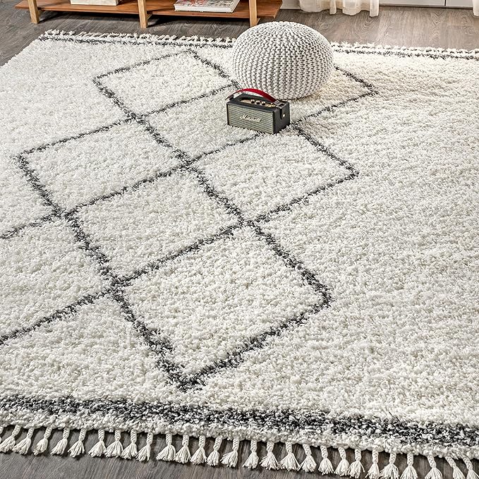 JONATHAN Y Mercer Shag Plush Tassel Cream/Gray Indoor Area Rug, 8x10, Moroccan Geometric Trellis, Bohemian, Easy-Cleaning for Living Room, Bedroom, Kitchen, Pet Friendly, Non-Shedding (MCR103B-8)