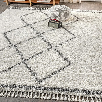 JONATHAN Y Mercer Shag Plush Tassel Cream/Gray Indoor Area Rug, 8x10, Moroccan Geometric Trellis, Bohemian, Easy-Cleaning for Living Room, Bedroom, Kitchen, Pet Friendly, Non-Shedding (MCR103B-8)