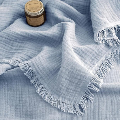 FOSSA Muslin Blanket with Fringe - 4-Layer 100% Cotton Gauze Super Soft & Breathable Throw -Lightweight Decorative Cooling Blanket for Bed, Sofa, Office (Cornflower Blue, Throw XL (50" × 70"))