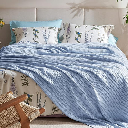 Bedsure Gentlesoft 100% Cotton Blanket Queen Size for Bed - Breathable and Soft, Thick Cozy Waffle Weave Christmas Blanket Gift for Women, Sky Blue, 90x90 Inches