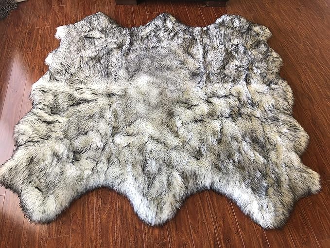 Free Shape Luxury Soft Fluffy Shag Area Rug Sexto 6 Pelts 6'x6',180x180 cm - Vegan Fur Ultra Soft Indoor Carpet Nursery Rugs for Bedroom Home Decor, White/Black Tips
