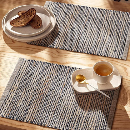 Jute Placemats Set of 4 - Boho Woven Placemats for Dining Tables, Rustic Farmhouse Style, Cotton and Jute, Neutral Colorful Table Mat, 13x19 Inch, Indoor Kitchen Decor -Natural- Grey Charcoal
