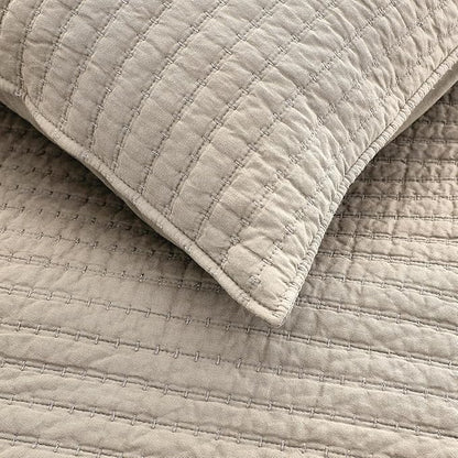 WDCOZY 100% Cotton King Size Quilt Set - Beige Neutral Striped Pick Stitch Soft Lightweight Bedspread, Textured Like Linen, Farmhouse Country Rustic Coverlet, Shabby Chic Gauze Bedding, 3 Pieces