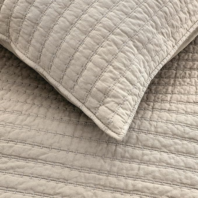 WDCOZY 100% Cotton Twin Size Quilt Set - Beige Neutral Striped Pick Stitch Soft Lightweight Bedspread, Textured Like Linen, Farmhouse Country Rustic Coverlet, Shabby Chic Gauze Bedding, 2 Pieces