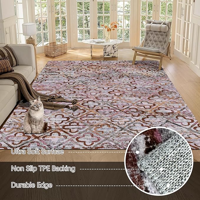 RUGSURE Washable Area Rugs, 6' x 9' - 1/6 Thick - Stain & Water Resistant Non-Slip - Perfect Resistant Rug for Living Room, Bedroom, Nursery, Pet & Child Friendly, Vibrant Colors Rugs, Purple