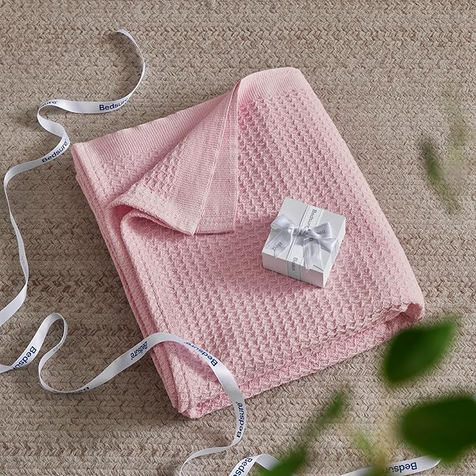 Bedsure Gentlesoft 100% Cotton Blanket Queen Size for Bed - Breathable and Soft, Thick Cozy Waffle Weave Christmas Blanket Gift for Women, Pink, 90x90 Inches