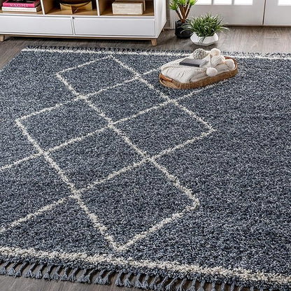 JONATHAN Y Mercer Shag Plush Tassel Denim Blue/Cream Indoor Area Rug, 4x6, Moroccan Geometric Trellis, Bohemian, Easy-Cleaning for Living Room, Bedroom, Kitchen, Non-Shedding (MCR103A-4)