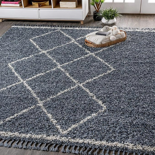JONATHAN Y Mercer Shag Plush Tassel Denim Blue/Cream Indoor Area Rug, 5x8, Moroccan Geometric Trellis, Bohemian, Easy-Cleaning for Living Room, Bedroom, Kitchen, Non-Shedding (MCR103A-5)
