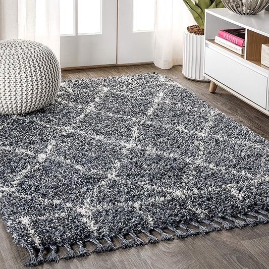 JONATHAN Y Mercer Shag Plush Tassel Blue/Cream Indoor Area Rug, 5x8, Moroccan Geometric Trellis, Easy-Cleaning for Living Room, Bedroom, Kitchen, Pet Friendly, Non-Shedding (MCR101A-5)