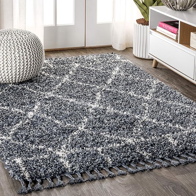 JONATHAN Y Mercer Shag Plush Tassel Blue/Cream Indoor Area Rug, 8x10, Moroccan Geometric Trellis, Easy-Cleaning for Living Room, Bedroom, Kitchen, Pet Friendly, Non-Shedding (MCR101A-8)