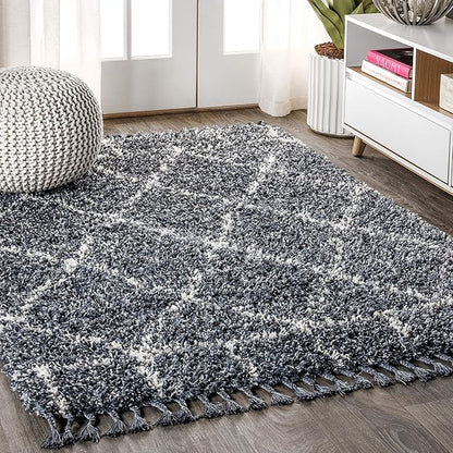 JONATHAN Y Mercer Shag Plush Tassel Blue/Cream Indoor Area Rug, 4x6, Moroccan Geometric Trellis, Easy-Cleaning for Living Room, Bedroom, Kitchen, Pet Friendly, Non-Shedding (MCR101A-4)