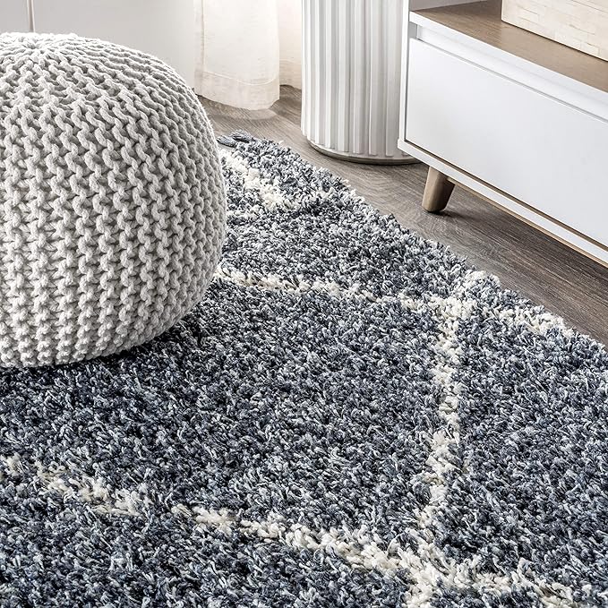 JONATHAN Y Mercer Shag Plush Tassel Blue/Cream Indoor Area Rug, 4x6, Moroccan Geometric Trellis, Easy-Cleaning for Living Room, Bedroom, Kitchen, Pet Friendly, Non-Shedding (MCR101A-4)