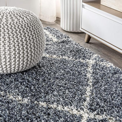 JONATHAN Y Mercer Shag Plush Tassel Blue/Cream Indoor Area Rug, 4x6, Moroccan Geometric Trellis, Easy-Cleaning for Living Room, Bedroom, Kitchen, Pet Friendly, Non-Shedding (MCR101A-4)