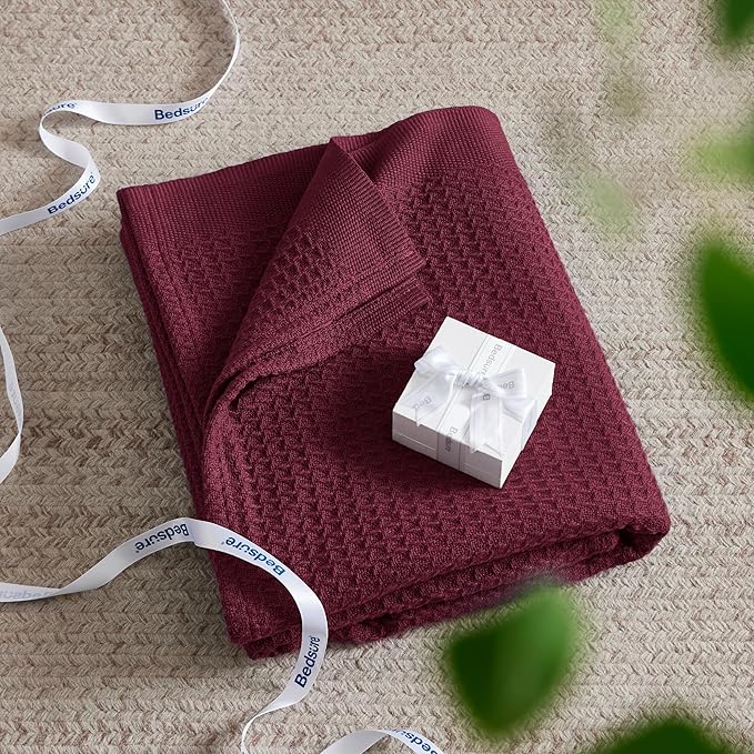 Bedsure Gentlesoft 100% Cotton Blanket Queen Size for Bed - Breathable and Soft, Thick Cozy Waffle Weave Christmas Blanket Gift for Women, Red, 90x90 Inches