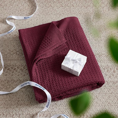 Bedsure Gentlesoft 100% Cotton Blanket Queen Size for Bed - Breathable and Soft, Thick Cozy Waffle Weave Christmas Blanket Gift for Women, Red, 90x90 Inches
